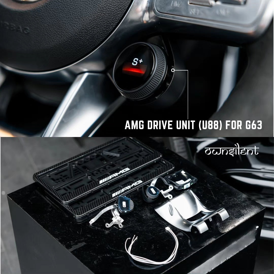 "Completed installation view of the AMG Drive Unit Button Retrofit on a 2018+ AMG model steering wheel, showcasing added controls for enhanced vehicle functionality."