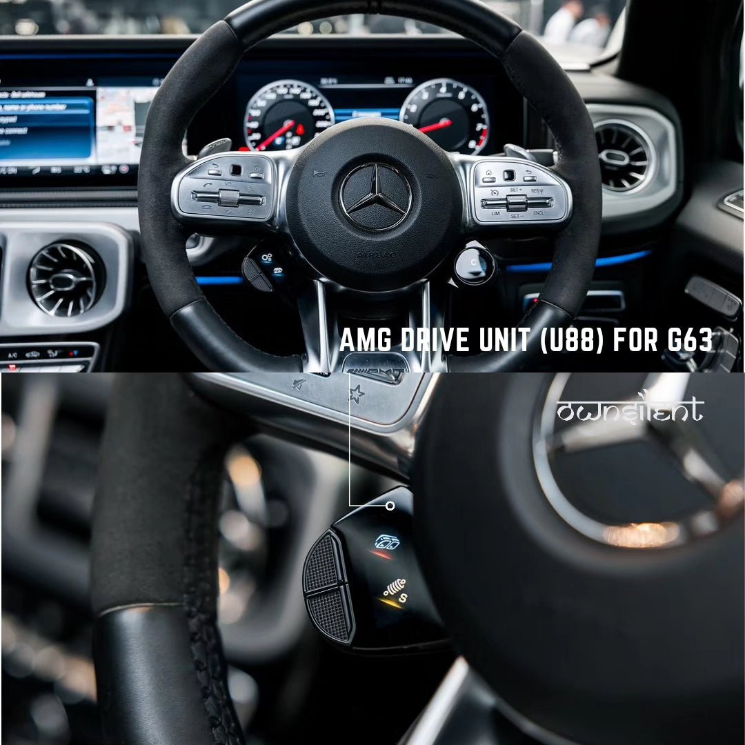 "Completed installation view of the AMG Drive Unit Button Retrofit on a 2018+ AMG model steering wheel, showcasing added controls for enhanced vehicle functionality."