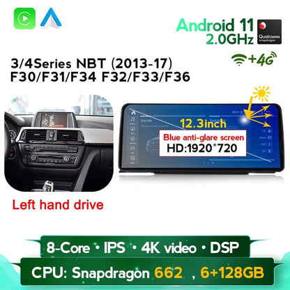 Android 12 12.3'' BMW 3/4 Series NBT 2013-17 F30 Carplay Support 4G LTE